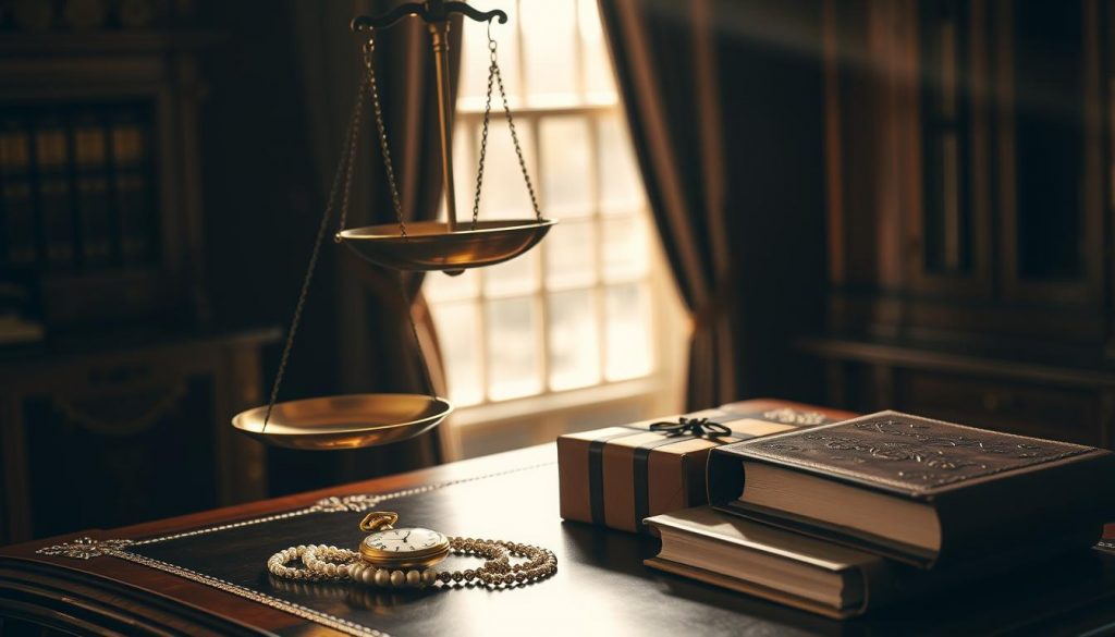 A luxurious brass scale floating in a dimly lit study, casting warm reflections across an ornate wooden desk. On the desk, an assortment of gifts - a gleaming golden pocket watch, a delicate pearl necklace, and a pristine leather-bound ledger. The scale symbolizes the careful balance of inheritance and tax, while the antique items suggest the passing of wealth through generations. Soft rays of sunlight filter through a nearby window, creating a contemplative atmosphere as one considers the complexities of navigating inheritance in the UK. A luxurious brass scale floating in a dimly lit study, casting warm reflections across an ornate wooden desk. On the desk, an assortment of gifts - a gleaming golden pocket watch, a delicate pearl necklace, and a pristine leather-bound ledger. The scale symbolizes the careful balance of inheritance and tax, while the antique items suggest the passing of wealth through generations. Soft rays of sunlight filter through a nearby window, creating a contemplative atmosphere as one considers the complexities of navigating inheritance in the UK.