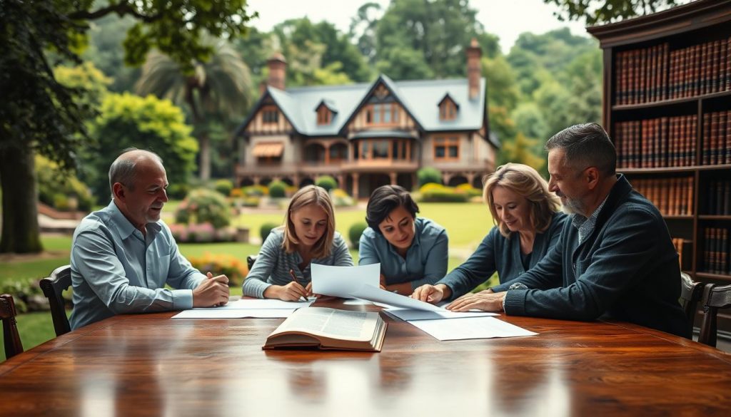A luxurious estate nestled amidst lush greenery, with a majestic manor house standing tall. In the foreground, a family gathers around a polished wood table, discussing the intricacies of trust fund management. Warm, diffused lighting filters through large windows, casting a soft glow on their faces as they pore over documents. In the background, a bookshelf filled with leather-bound volumes hints at the wealth and wisdom accumulated within the estate. The composition exudes a sense of security, stability, and thoughtful planning, capturing the essence of "Setting Up a Trust Fund" to protect one's wealth.