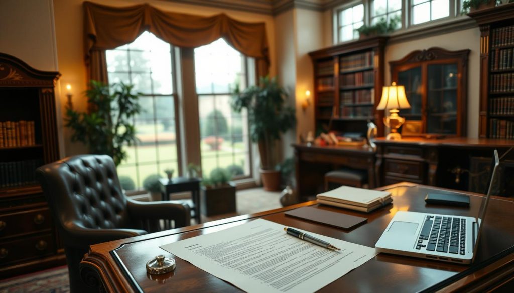 A luxurious, spacious home office with an ornate mahogany desk, a cozy leather armchair, and bookshelves lining the walls. Soft, warm lighting from a brass table lamp casts a gentle glow, creating an atmosphere of thoughtful contemplation. On the desk, a meticulously organized arrangement of legal documents, a silver fountain pen, and a laptop, all suggesting the careful planning and consideration of one's estate. The background is filled with the muted tones of a stately library, with high ceilings and large windows overlooking a lush, manicured garden. The overall scene conveys a sense of wealth, tradition, and the importance of responsible financial planning. A luxurious, spacious home office with an ornate mahogany desk, a cozy leather armchair, and bookshelves lining the walls. Soft, warm lighting from a brass table lamp casts a gentle glow, creating an atmosphere of thoughtful contemplation. On the desk, a meticulously organized arrangement of legal documents, a silver fountain pen, and a laptop, all suggesting the careful planning and consideration of one's estate. The background is filled with the muted tones of a stately library, with high ceilings and large windows overlooking a lush, manicured garden. The overall scene conveys a sense of wealth, tradition, and the importance of responsible financial planning.