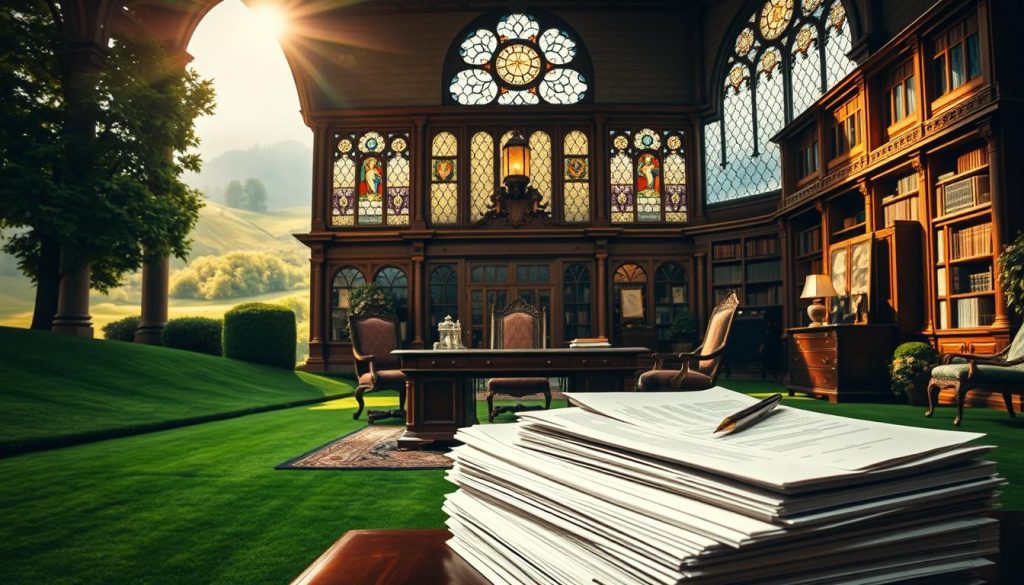 A majestic British estate, its grand manor house nestled amid verdant rolling hills. Sunlight filters through stained glass windows, casting warm hues across the opulent interior. A mahogany desk sits prominently, surrounded by towering bookshelves and ornate furnishings, symbolizing the wealth and legacy that must be carefully navigated. In the foreground, a stack of official documents and a thoughtful gaze, representing the complex decisions and considerations of inheritance tax planning. The scene conveys the gravity and importance of preserving family assets for future generations.