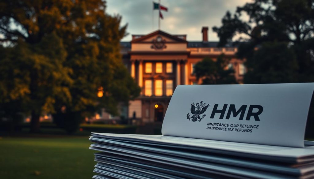 A majestic British government building against a backdrop of lush foliage, its grand facade illuminated by warm, golden light. In the foreground, a stack of official-looking documents adorned with the HMRC (Her Majesty's Revenue and Customs) logo, hinting at the subject of an inheritance tax refund. The scene conveys a sense of authority, bureaucracy, and the potential for financial recourse, all captured through a cinematic, high-contrast lens. A majestic British government building against a backdrop of lush foliage, its grand facade illuminated by warm, golden light. In the foreground, a stack of official-looking documents adorned with the HMRC (Her Majesty's Revenue and Customs) logo, hinting at the subject of an inheritance tax refund. The scene conveys a sense of authority, bureaucracy, and the potential for financial recourse, all captured through a cinematic, high-contrast lens.