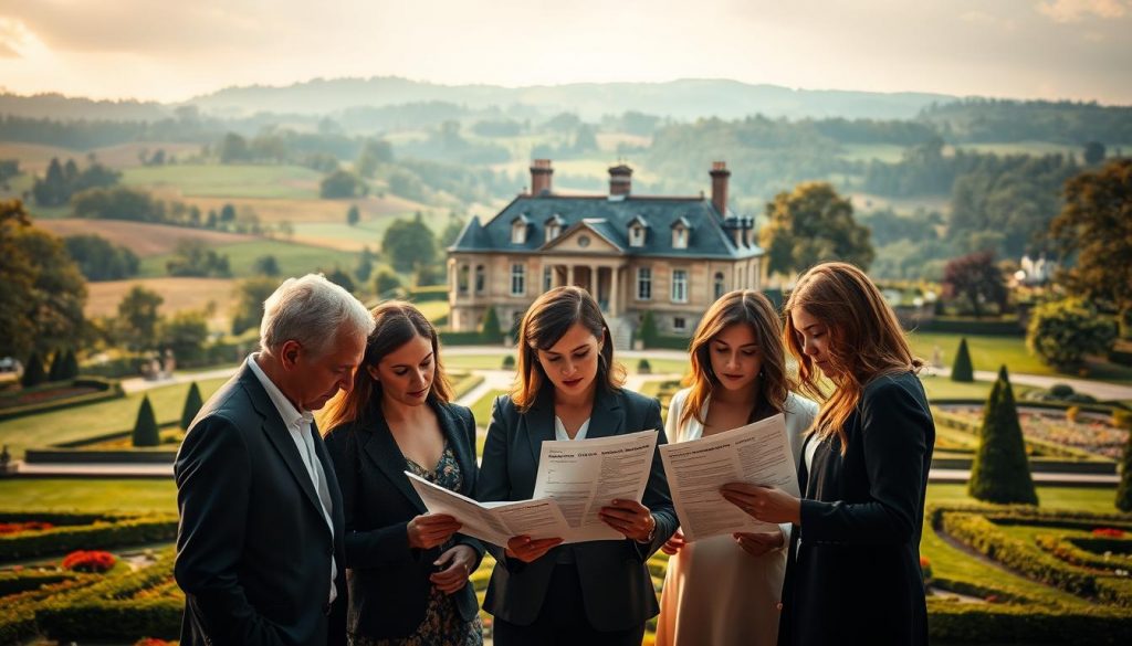 A majestic estate, its grand manor house nestled amidst rolling hills and verdant landscapes. In the foreground, siblings gathered, expressions pensive as they review documents outlining the inheritance tax allocation. Warm, diffused lighting bathes the scene, creating a contemplative atmosphere. The siblings, dressed in tailored suits and elegant dresses, stand in a semi-circle, their faces reflecting the gravity of the decision they face. In the background, a meticulously maintained garden provides a serene backdrop, hinting at the wealth and legacy at the heart of this family's inheritance dilemma. The image captures the delicate balance of familial bonds and financial responsibilities that siblings must navigate when dealing with the complexities of inheritance tax.
