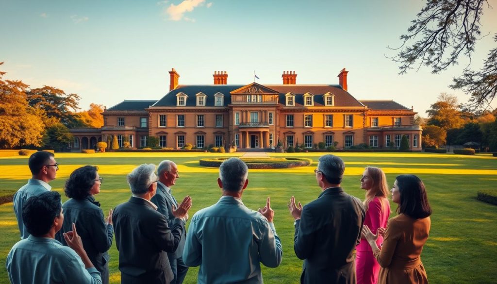 A majestic manor house stands tall, its grand facade bathed in warm, golden light. Sweeping lawns and carefully manicured gardens surround the building, creating a sense of tranquility and affluence. In the foreground, a group of people engage in a lively discussion, their gestures animated as they attempt to understand the complexities of the "Residence Nil Rate Band." The scene exudes an air of intellectual curiosity, with the stately manor serving as a backdrop to the thoughtful discourse. Soft shadows play across the scene, lending an air of contemplation and depth to the image.