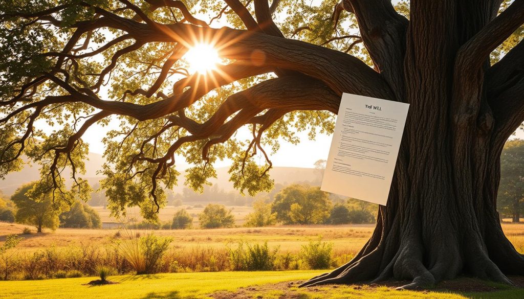 A majestic oak tree, its weathered trunk representing the solidity of a trust, stands in the foreground, casting a warm, dappled light across a tranquil garden. In the middle ground, a freshly inked will flutters in a gentle breeze, symbolizing the impermanence of a will. The background is a soft blur of rolling hills, suggesting the broader, timeless landscape of estate planning. The scene is bathed in a golden, late-afternoon glow, evoking a sense of wisdom and foresight. The composition is balanced, with the trust and will elements in perfect harmony, guiding the viewer to consider the purpose and nuances of these two important legal instruments. A majestic oak tree, its weathered trunk representing the solidity of a trust, stands in the foreground, casting a warm, dappled light across a tranquil garden. In the middle ground, a freshly inked will flutters in a gentle breeze, symbolizing the impermanence of a will. The background is a soft blur of rolling hills, suggesting the broader, timeless landscape of estate planning. The scene is bathed in a golden, late-afternoon glow, evoking a sense of wisdom and foresight. The composition is balanced, with the trust and will elements in perfect harmony, guiding the viewer to consider the purpose and nuances of these two important legal instruments.