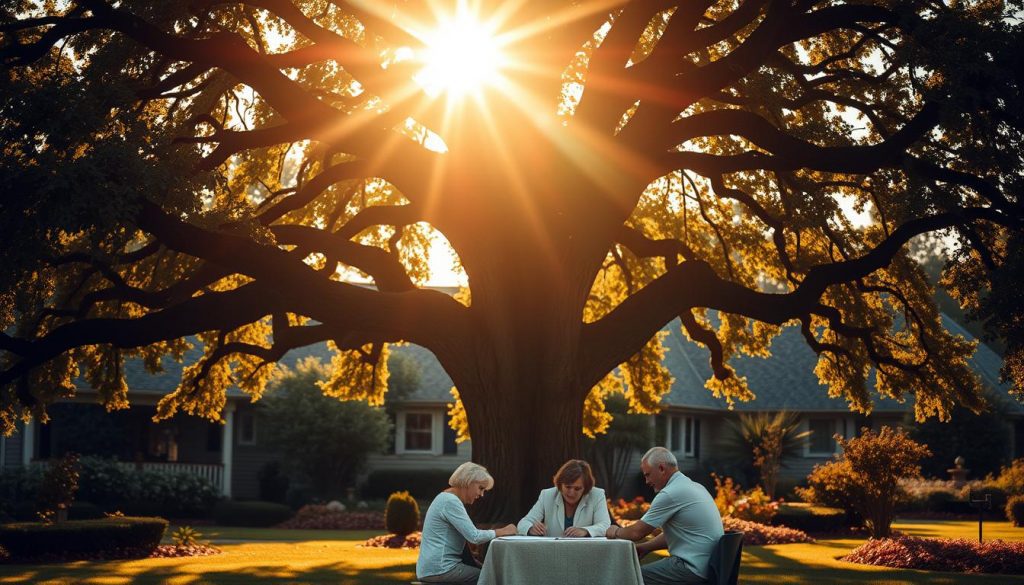 A majestic oak tree stands tall, its branches casting a warm, inviting shadow over a serene garden. In the foreground, a family gathers around a table, engaged in thoughtful discussion as they carefully draft the details of a trust document. The sun's golden rays filter through the leaves, illuminating the scene with a sense of tranquility and security. The composition is balanced, with the tree's sturdy presence providing a grounding force, while the family's interaction suggests the importance of protecting their inheritance for future generations. The image conveys a sense of legacy, responsibility, and the comfort of a well-planned future. A majestic oak tree stands tall, its branches casting a warm, inviting shadow over a serene garden. In the foreground, a family gathers around a table, engaged in thoughtful discussion as they carefully draft the details of a trust document. The sun's golden rays filter through the leaves, illuminating the scene with a sense of tranquility and security. The composition is balanced, with the tree's sturdy presence providing a grounding force, while the family's interaction suggests the importance of protecting their inheritance for future generations. The image conveys a sense of legacy, responsibility, and the comfort of a well-planned future.