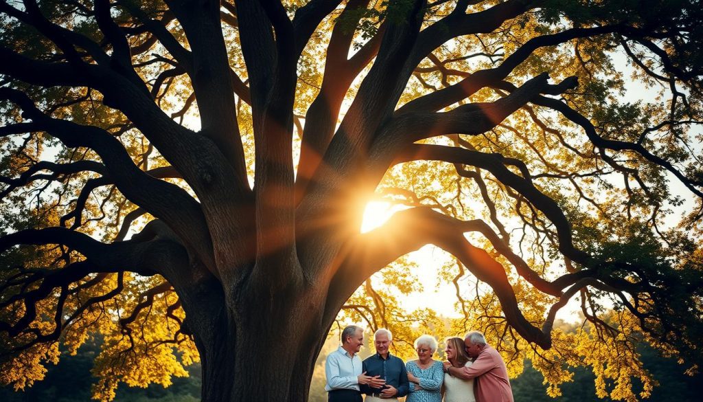A majestic oak tree stands tall, its branches reaching towards the sky. Rays of warm, golden light filter through the leaves, casting a serene glow over the scene. In the foreground, a family gathers, embracing one another as they celebrate the passing of a loved one. The background is softly blurred, allowing the focus to remain on the family's shared moment of inheritance tax relief. The composition is balanced, with the tree's towering presence providing a sense of stability and protection. The overall atmosphere is one of gratitude, resilience, and the cherished continuity of family legacy.