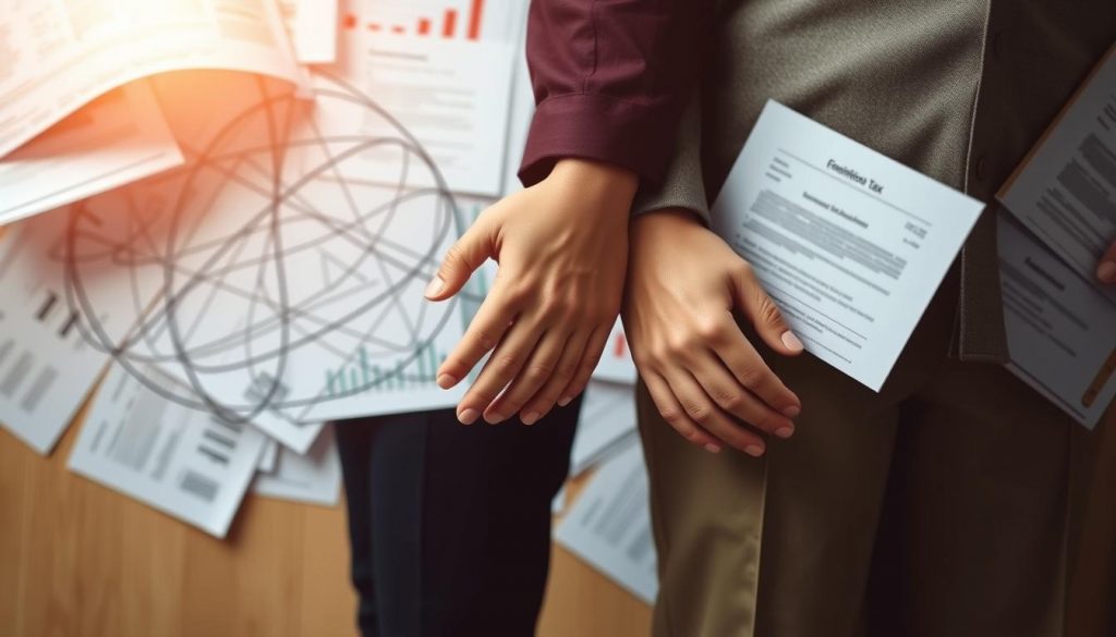 A married couple standing together, their hands clasped, with a warm, soft lighting illuminating their faces. In the background, an intricate web of financial documents and legal paperwork, representing the complexity of joint inheritance tax liability. The scene exudes a sense of togetherness and understanding, conveying the importance of navigating this process as a united front.