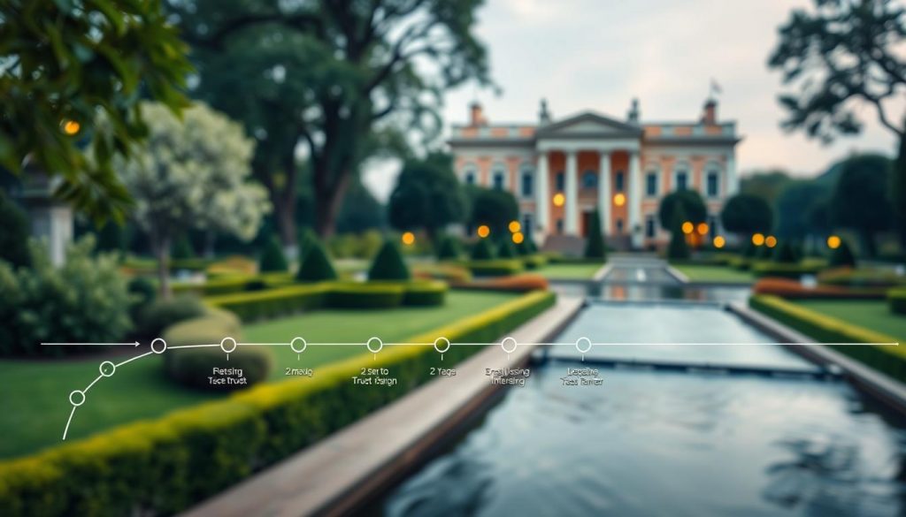 A meticulous timeline depicting the gradual establishment of a trust, with a serene and contemplative atmosphere. In the foreground, a series of milestones and checkpoints are meticulously arranged, each represented by a delicate line or symbol. The middle ground features a tranquil and well-manicured garden, its lush greenery and flowing water symbolizing the nurturing and secure nature of the trust. In the background, a stately and timeless building, its classic architecture and warm lighting conveying a sense of stability and permanence. The overall composition suggests the careful planning, patience, and attention to detail required when setting up a trust, creating a visually striking and conceptually meaningful image. A meticulous timeline depicting the gradual establishment of a trust, with a serene and contemplative atmosphere. In the foreground, a series of milestones and checkpoints are meticulously arranged, each represented by a delicate line or symbol. The middle ground features a tranquil and well-manicured garden, its lush greenery and flowing water symbolizing the nurturing and secure nature of the trust. In the background, a stately and timeless building, its classic architecture and warm lighting conveying a sense of stability and permanence. The overall composition suggests the careful planning, patience, and attention to detail required when setting up a trust, creating a visually striking and conceptually meaningful image.