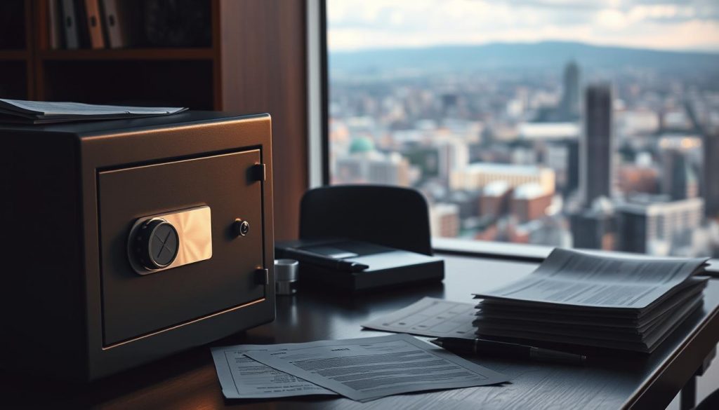 A meticulously arranged desk with a sturdy safe, legal documents, and financial statements, illuminated by soft, diffused lighting that casts a warm, reassuring glow. In the background, a panoramic view of a cityscape, symbolizing the broader financial landscape that needs to be protected. The scene conveys a sense of security, diligence, and attention to detail, reflecting the importance of establishing robust financial safeguards against asset deprivation. A meticulously arranged desk with a sturdy safe, legal documents, and financial statements, illuminated by soft, diffused lighting that casts a warm, reassuring glow. In the background, a panoramic view of a cityscape, symbolizing the broader financial landscape that needs to be protected. The scene conveys a sense of security, diligence, and attention to detail, reflecting the importance of establishing robust financial safeguards against asset deprivation.