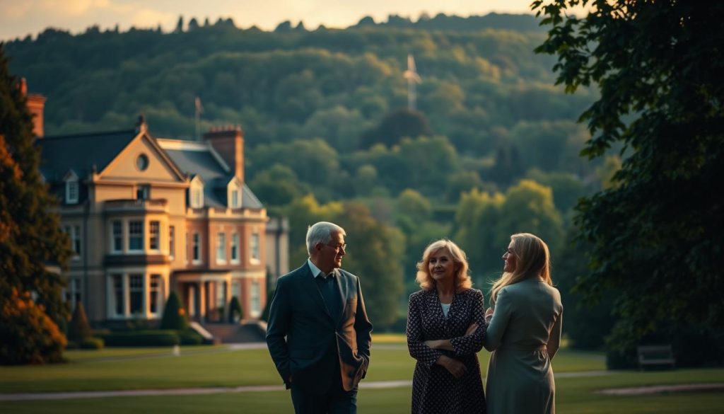 A meticulously composed scene depicting the impact of charitable donations on inheritance tax. In the foreground, a stately manor house, its elegant facade bathed in warm, golden light. In the middle ground, a family gathered, expressions pensive yet hopeful, as they consider the tax-saving benefits of their philanthropic legacy. The background showcases a lush, verdant landscape, symbolizing the lasting impact of their charitable giving. The image conveys a sense of thoughtful deliberation, where financial planning and social responsibility intersect, creating a harmonious balance. Lighting is soft and diffused, creating a contemplative mood, while the composition is balanced and visually striking.