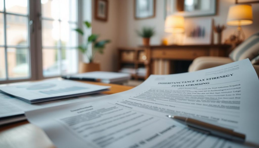 A meticulously crafted image of "inheritance tax planning" in the UK, featuring a focused foreground with a detailed document outlining inheritance tax strategies, surrounded by a middle-ground of financial charts and graphs, all set against a softly blurred background of a cozy home office with a warm, inviting atmosphere. The lighting is subtle and natural, creating a sense of contemplation and thoughtfulness, while the camera angle is slightly elevated to convey a sense of authority and expertise on the subject matter.