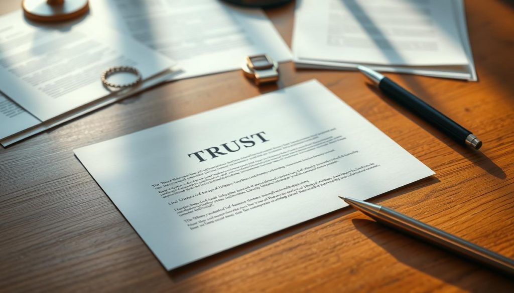 A meticulously crafted legal document, its pages arranged neatly on a wooden desk, casting subtle shadows under warm, indirect lighting. The trust deed, its text crisp and legible, sits front and center, surrounded by a neatly organized array of official-looking paperwork, stamps, and a well-sharpened pen, conveying a sense of authority and formality. The overall atmosphere is one of precise attention to detail, professionalism, and the weight of the legal process involved in establishing a trust. A meticulously crafted legal document, its pages arranged neatly on a wooden desk, casting subtle shadows under warm, indirect lighting. The trust deed, its text crisp and legible, sits front and center, surrounded by a neatly organized array of official-looking paperwork, stamps, and a well-sharpened pen, conveying a sense of authority and formality. The overall atmosphere is one of precise attention to detail, professionalism, and the weight of the legal process involved in establishing a trust.