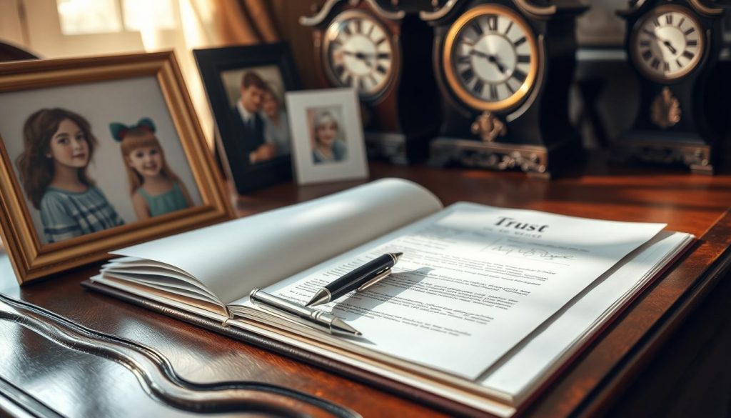 A meticulously crafted legal document lays open on an ornate wooden desk, surrounded by an array of personal mementos - a family portrait, a child's drawing, and a pair of cherished antique clocks. Soft, directional lighting casts warm shadows, creating an atmosphere of contemplation and care. In the foreground, a silver pen rests atop the trust document, hinting at the thoughtful process of establishing a secure financial legacy for future generations. The overall scene conveys a sense of responsibility, foresight, and the profound love a grandparent holds for their grandchildren. A meticulously crafted legal document lays open on an ornate wooden desk, surrounded by an array of personal mementos - a family portrait, a child's drawing, and a pair of cherished antique clocks. Soft, directional lighting casts warm shadows, creating an atmosphere of contemplation and care. In the foreground, a silver pen rests atop the trust document, hinting at the thoughtful process of establishing a secure financial legacy for future generations. The overall scene conveys a sense of responsibility, foresight, and the profound love a grandparent holds for their grandchildren.