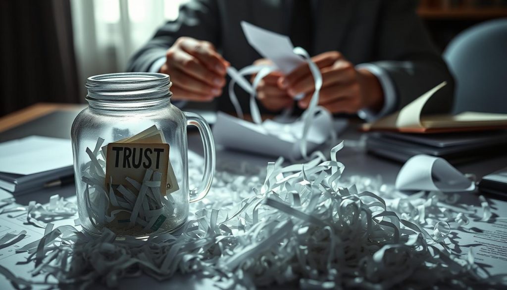A meticulously crafted trust asset dissolving in a pool of financial documents, casting shadows of uncertainty. The foreground depicts a transparent glass container filled with shredded papers, representing the fragility of trust assets during divorce proceedings. The middle ground showcases a pair of hands carefully unraveling the tangled web of legal paperwork, symbolizing the complex process of untangling financial affairs. The background is a dimly lit office, with a sense of tension and unease permeating the scene, emphasizing the high-stakes nature of the situation. Soft, dramatic lighting from a single source casts dramatic shadows, adding depth and emotion to the composition. The overall atmosphere is one of contemplation and unease, reflecting the delicate balance of trust assets and the impact of divorce. A meticulously crafted trust asset dissolving in a pool of financial documents, casting shadows of uncertainty. The foreground depicts a transparent glass container filled with shredded papers, representing the fragility of trust assets during divorce proceedings. The middle ground showcases a pair of hands carefully unraveling the tangled web of legal paperwork, symbolizing the complex process of untangling financial affairs. The background is a dimly lit office, with a sense of tension and unease permeating the scene, emphasizing the high-stakes nature of the situation. Soft, dramatic lighting from a single source casts dramatic shadows, adding depth and emotion to the composition. The overall atmosphere is one of contemplation and unease, reflecting the delicate balance of trust assets and the impact of divorce.