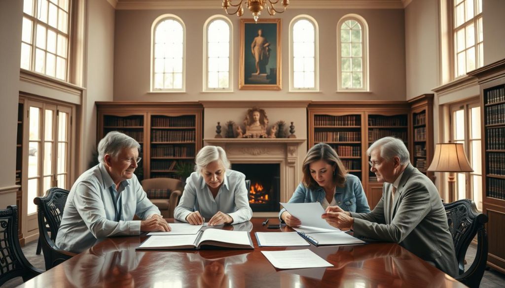 A meticulously designed estate planning process unfolds against a backdrop of a stately manor, its grand facade steeped in timeless elegance. In the foreground, a family gathers around a polished mahogany table, poring over documents and discussions, their expressions thoughtful and resolute. Soft, warm lighting filters through tall windows, lending an air of gravitas to the proceedings. In the middle ground, bookcases filled with leather-bound volumes and a fireplace with a crackling hearth create a sense of intellectual contemplation. The overall atmosphere conveys a blend of tradition, security, and the careful consideration of one's financial future. A meticulously designed estate planning process unfolds against a backdrop of a stately manor, its grand facade steeped in timeless elegance. In the foreground, a family gathers around a polished mahogany table, poring over documents and discussions, their expressions thoughtful and resolute. Soft, warm lighting filters through tall windows, lending an air of gravitas to the proceedings. In the middle ground, bookcases filled with leather-bound volumes and a fireplace with a crackling hearth create a sense of intellectual contemplation. The overall atmosphere conveys a blend of tradition, security, and the careful consideration of one's financial future.