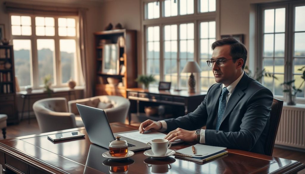 A meticulously designed home interior, bathed in warm, natural light through large windows. In the foreground, a well-dressed individual sits at a polished wooden desk, carefully reviewing documents related to inheritance and property taxes. On the desk, a laptop, a cup of tea, and a thoughtful expression convey the gravity of the task at hand. The middle ground features tasteful decor - bookshelves, artwork, and plants - suggesting an atmosphere of quiet contemplation. In the background, the room opens up to a scenic landscape, hinting at the significance of the residential property. The overall mood is one of focused deliberation, underscoring the importance of properly claiming the Residential Nil Rate Band. A meticulously designed home interior, bathed in warm, natural light through large windows. In the foreground, a well-dressed individual sits at a polished wooden desk, carefully reviewing documents related to inheritance and property taxes. On the desk, a laptop, a cup of tea, and a thoughtful expression convey the gravity of the task at hand. The middle ground features tasteful decor - bookshelves, artwork, and plants - suggesting an atmosphere of quiet contemplation. In the background, the room opens up to a scenic landscape, hinting at the significance of the residential property. The overall mood is one of focused deliberation, underscoring the importance of properly claiming the Residential Nil Rate Band.
