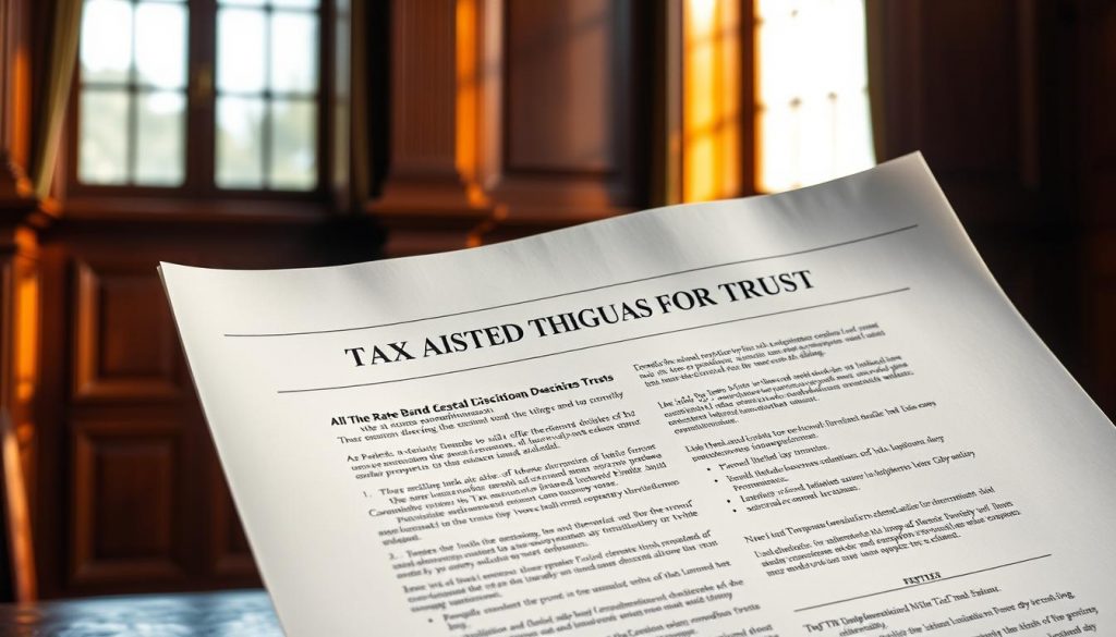 A meticulously designed legal document, a testament to the intricacies of a tax-efficient trust. Against a backdrop of elegant mahogany paneling, the document's crisp edges and precise typography command attention. Shafts of warm, golden light from tall windows cast a refined glow, suggesting the trust's solid financial footing. Discreet icons and symbols dot the margins, hinting at the trust's sophisticated mechanisms for protecting wealth and minimizing tax burden. The overall atmosphere conveys a sense of trust, security, and careful fiscal planning, perfectly suited to illustrate the subject of "Tax Implications of Nil Rate Band Discretionary Trusts".