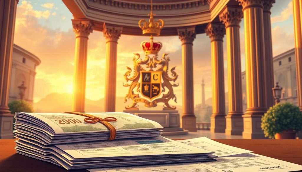 A meticulously detailed illustration of inheritance tax allowances, showcasing a sophisticated financial landscape. In the foreground, a stack of currency notes and official tax documents, cast in warm, golden lighting, symbolizing the wealth transfer process. The middle ground features a family crest or shield, representing the family legacy and inheritance. In the background, a sweeping architectural vista, with ornate columns and arches, evoking a sense of tradition and legacy. The overall scene exudes a tone of elegance, precision, and the intricacies of navigating inheritance tax strategies.