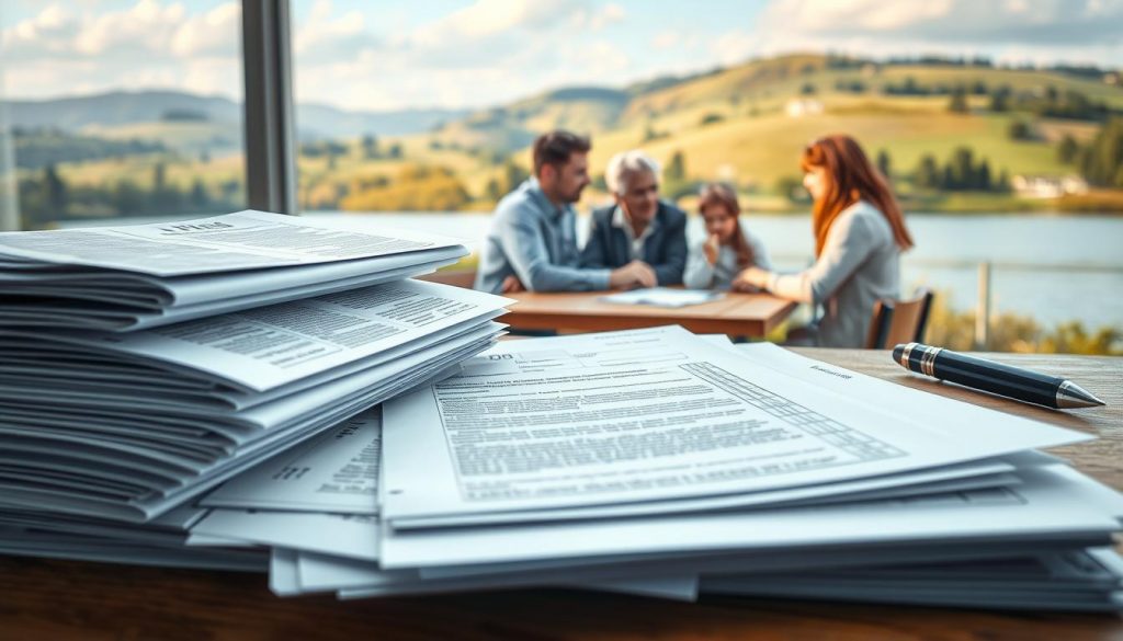 A meticulously detailed illustration of inheritance tax exemptions, captured through a wide-angle lens with soft, natural lighting. In the foreground, a stack of official documents and legal forms, representing the complex paperwork associated with estate planning. The mid-ground features a family gathered around a table, engaged in a thoughtful discussion, their expressions conveying the gravity of the topic. In the background, a serene landscape with rolling hills and a peaceful lake, symbolizing the tranquility that can come from proper financial preparation. The overall mood is one of contemplation and diligence, highlighting the importance of understanding inheritance tax regulations to ensure a smooth intergenerational transfer of wealth.