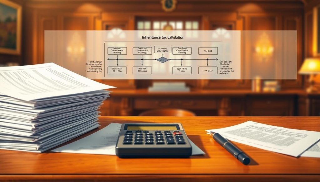 A meticulously detailed illustration of the inheritance tax calculation process. In the foreground, a stack of financial documents and a calculator on a polished oak desk, illuminated by warm, directional lighting. In the middle ground, a schematic diagram depicts the step-by-step flow of the calculation, with clearly labeled inputs and outputs. The background features a subtle, out-of-focus view of a stately manor, hinting at the high-value assets subject to inheritance tax. The overall atmosphere conveys a sense of financial diligence and precision, befitting the serious nature of the topic.