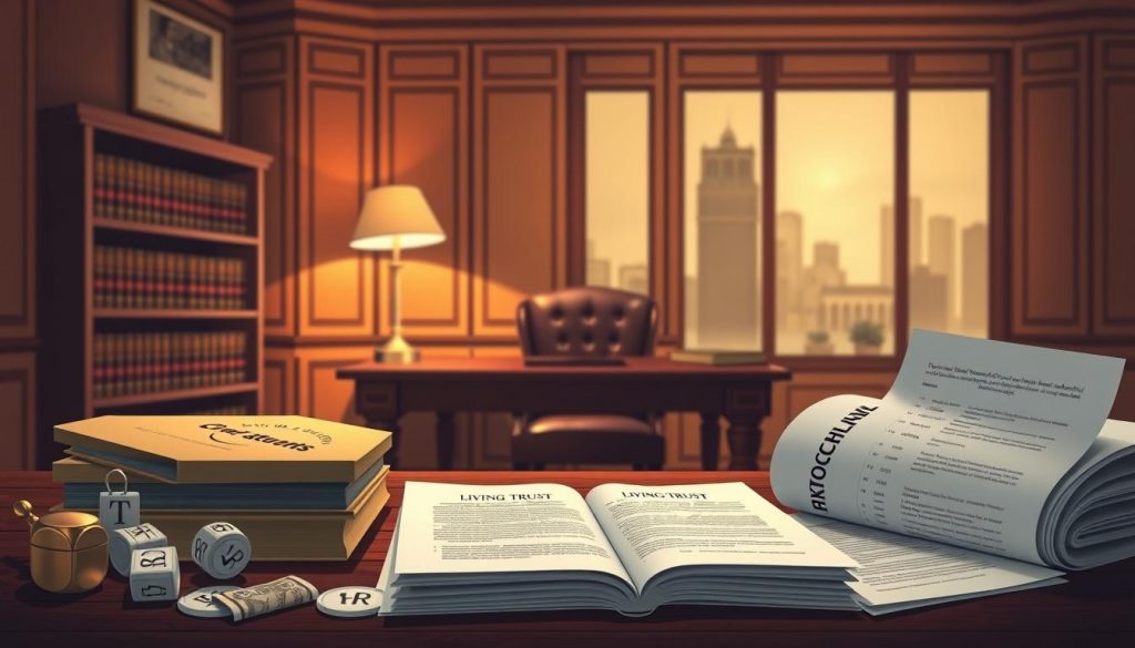 A meticulously detailed illustration of various estate planning trusts, set against a warm, sophisticated backdrop. In the foreground, an array of trust documents and icons - living trusts, irrevocable trusts, revocable trusts, and more - rendered with precision. In the middle ground, a serene, wood-paneled office setting, complete with leather-bound books and a elegant brass desk lamp, bathed in soft, directional lighting. The background features a muted, sepia-toned cityscape, hinting at the complex legal and financial landscape of inheritance and tax planning. The overall composition conveys a sense of authority, wisdom, and careful consideration of the intricacies of estate management. A meticulously detailed illustration of various estate planning trusts, set against a warm, sophisticated backdrop. In the foreground, an array of trust documents and icons - living trusts, irrevocable trusts, revocable trusts, and more - rendered with precision. In the middle ground, a serene, wood-paneled office setting, complete with leather-bound books and a elegant brass desk lamp, bathed in soft, directional lighting. The background features a muted, sepia-toned cityscape, hinting at the complex legal and financial landscape of inheritance and tax planning. The overall composition conveys a sense of authority, wisdom, and careful consideration of the intricacies of estate management.