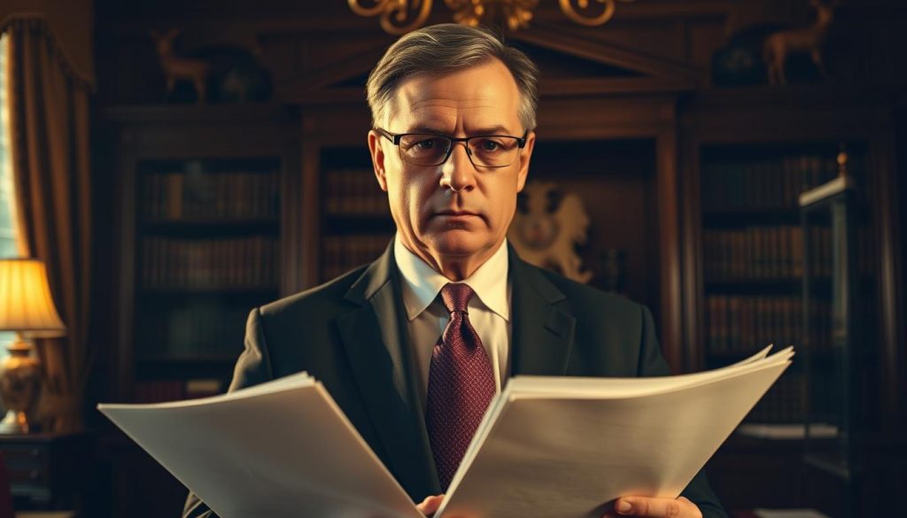 A meticulously dressed individual, likely an estate executor, holds important documents in a dimly lit, formal office setting. Warm, golden lighting illuminates the scene, casting dramatic shadows and highlighting the solemnity of the moment. The background features a mahogany desk, bookshelves, and a tasteful, classic decor, conveying a sense of authority and professionalism. The executor's expression is serious, reflecting the gravity of their responsibilities in administering the deceased's estate. The overall atmosphere evokes a sense of reverence and the weight of the legal and financial obligations involved in this process.