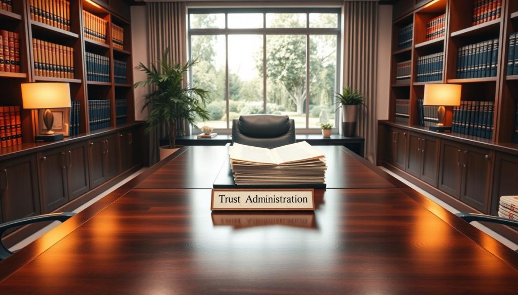 A meticulously organized office space, with a sleek mahogany desk at the center. On the desk, a stack of legal documents and a nameplate reading "Trust Administration." Shelves line the walls, filled with binders and law books. Warm, soft lighting illuminates the room, casting a professional and authoritative atmosphere. A large window provides a view of a serene garden, symbolizing the care and attention given to the trust administration process. The scene conveys a sense of expertise, diligence, and the meticulous handling of important financial and legal matters. A meticulously organized office space, with a sleek mahogany desk at the center. On the desk, a stack of legal documents and a nameplate reading "Trust Administration." Shelves line the walls, filled with binders and law books. Warm, soft lighting illuminates the room, casting a professional and authoritative atmosphere. A large window provides a view of a serene garden, symbolizing the care and attention given to the trust administration process. The scene conveys a sense of expertise, diligence, and the meticulous handling of important financial and legal matters.