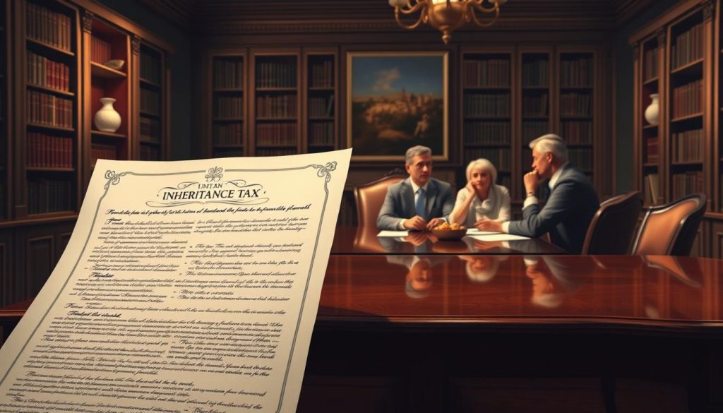 A meticulously rendered illustration depicting the intricate process of inheritance tax planning. In the foreground, a sophisticated legal document with intricate legalese and ornate calligraphy, symbolizing the complexities of estate planning. In the middle ground, a family gathered around a polished mahogany table, engaged in thoughtful discussion, their faces reflecting the gravity of the situation. The background is a dimly lit, wood-paneled study, with bookshelves lining the walls, conveying an atmosphere of refined professionalism and attention to detail. Warm, muted lighting casts a soft glow, creating a sense of contemplation and careful consideration. The overall scene evokes the importance of thoughtful, strategic inheritance tax planning to ensure the seamless transfer of wealth within a family. A meticulously rendered illustration depicting the intricate process of inheritance tax planning. In the foreground, a sophisticated legal document with intricate legalese and ornate calligraphy, symbolizing the complexities of estate planning. In the middle ground, a family gathered around a polished mahogany table, engaged in thoughtful discussion, their faces reflecting the gravity of the situation. The background is a dimly lit, wood-paneled study, with bookshelves lining the walls, conveying an atmosphere of refined professionalism and attention to detail. Warm, muted lighting casts a soft glow, creating a sense of contemplation and careful consideration. The overall scene evokes the importance of thoughtful, strategic inheritance tax planning to ensure the seamless transfer of wealth within a family.