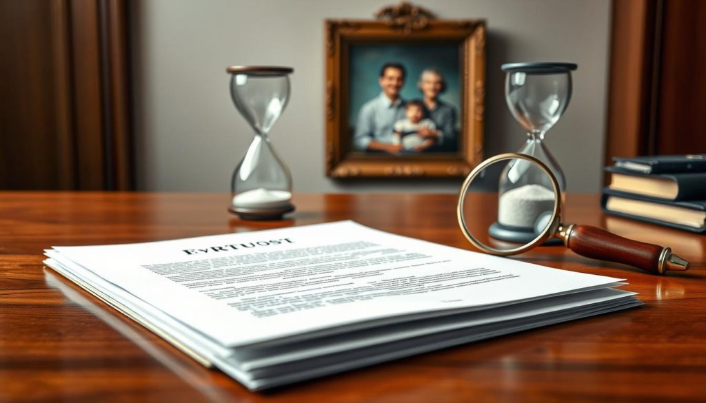A meticulously rendered scene depicting the key elements of estate planning. In the foreground, a legal document symbolizing a will or trust, its pages neatly arranged on a mahogany desk. In the middle ground, an hourglass and a magnifying glass, representing the importance of timely decision-making and careful scrutiny. Behind them, a family portrait hung on the wall, a subtle reminder of the loved ones the plan seeks to protect. Diffused lighting casts a warm, authoritative glow, while the composition's symmetry and balance convey a sense of order and professionalism. This image captures the gravity and thoughtfulness inherent in the estate planning process. A meticulously rendered scene depicting the key elements of estate planning. In the foreground, a legal document symbolizing a will or trust, its pages neatly arranged on a mahogany desk. In the middle ground, an hourglass and a magnifying glass, representing the importance of timely decision-making and careful scrutiny. Behind them, a family portrait hung on the wall, a subtle reminder of the loved ones the plan seeks to protect. Diffused lighting casts a warm, authoritative glow, while the composition's symmetry and balance convey a sense of order and professionalism. This image captures the gravity and thoughtfulness inherent in the estate planning process.
