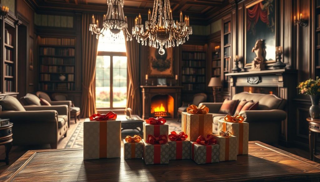 A meticulously rendered scene of a stately manor's drawing-room, illuminated by the warm glow of a fireplace. In the foreground, an ornate oak table displays a selection of wrapped gifts, their ribbons and bows casting intricate shadows. The middle ground features a grand chandelier, its crystals refracting light across the richly upholstered furniture. In the background, towering bookcases flank a grand window, offering a glimpse of a lush, manicured garden beyond. The overall atmosphere conveys a sense of refined elegance and the weighty significance of the subject matter - the complexities of inheritance tax and the role of gifting in estate planning. A meticulously rendered scene of a stately manor's drawing-room, illuminated by the warm glow of a fireplace. In the foreground, an ornate oak table displays a selection of wrapped gifts, their ribbons and bows casting intricate shadows. The middle ground features a grand chandelier, its crystals refracting light across the richly upholstered furniture. In the background, towering bookcases flank a grand window, offering a glimpse of a lush, manicured garden beyond. The overall atmosphere conveys a sense of refined elegance and the weighty significance of the subject matter - the complexities of inheritance tax and the role of gifting in estate planning.