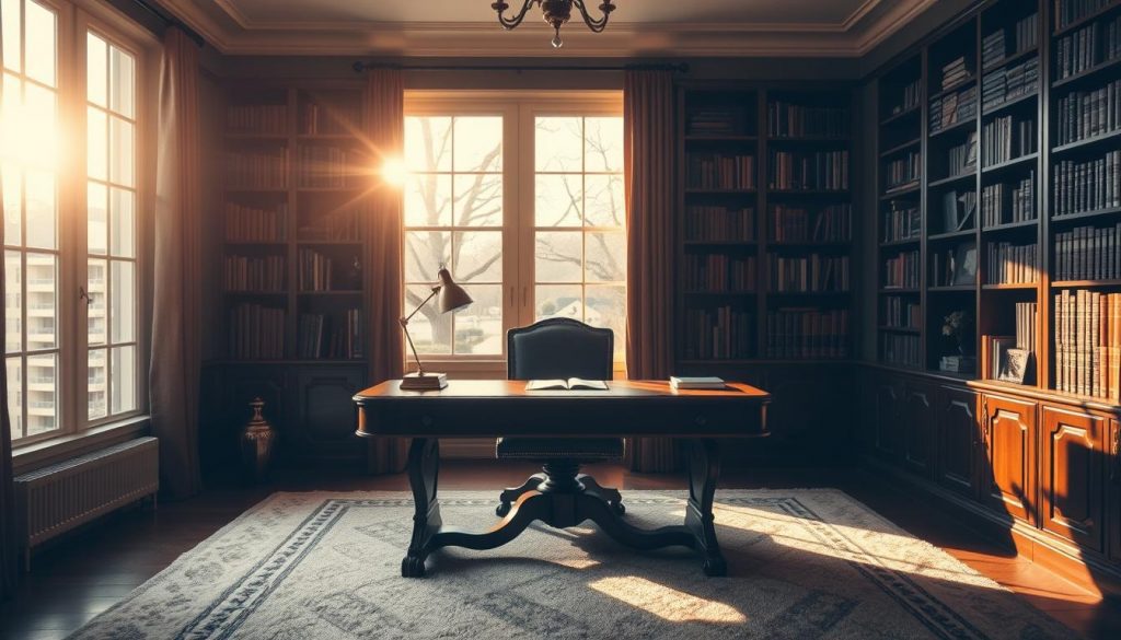 A mid-morning sun bathes a spacious home office in a warm glow. Bookshelves line the walls, their contents casting intricate shadows. A large, ornate desk sits in the center, adorned with a brass desk lamp and a few carefully arranged documents. The floor is covered in a plush, neutral-toned rug, and the windows offer a view of a tranquil, tree-lined street outside. The overall scene conveys a sense of professional sophistication and personal comfort, hinting at the nuanced considerations of one's domicile status for tax purposes. A mid-morning sun bathes a spacious home office in a warm glow. Bookshelves line the walls, their contents casting intricate shadows. A large, ornate desk sits in the center, adorned with a brass desk lamp and a few carefully arranged documents. The floor is covered in a plush, neutral-toned rug, and the windows offer a view of a tranquil, tree-lined street outside. The overall scene conveys a sense of professional sophistication and personal comfort, hinting at the nuanced considerations of one's domicile status for tax purposes.