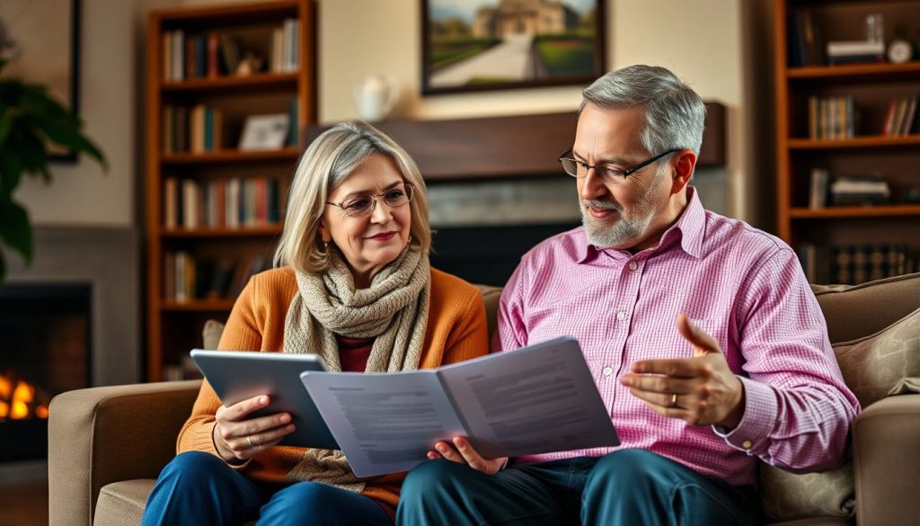 A middle-aged couple sitting in a cozy living room, discussing estate planning documents. The woman holds a tablet, reviewing financial information, while the man gestures thoughtfully. Warm lighting casts a soft glow, reflecting the couple's serious yet reassuring expressions. In the background, bookshelves and a fireplace suggest a comfortable, professional setting. The scene conveys the importance of responsible financial planning for the future, with an air of trust and care between the parents. A middle-aged couple sitting in a cozy living room, discussing estate planning documents. The woman holds a tablet, reviewing financial information, while the man gestures thoughtfully. Warm lighting casts a soft glow, reflecting the couple's serious yet reassuring expressions. In the background, bookshelves and a fireplace suggest a comfortable, professional setting. The scene conveys the importance of responsible financial planning for the future, with an air of trust and care between the parents.