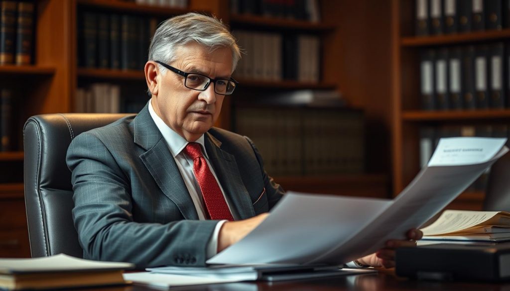 A middle-aged man in a suit and tie sits at a desk, intently reviewing financial documents. He represents the estate of a recently deceased individual, carefully managing the accounts and assets. The lighting is warm and focused, casting subtle shadows that emphasize the gravity of his task. The background is a professional office setting, with bookshelves and filing cabinets hinting at the complexity of the work. The man's expression is one of concentration and responsibility, conveying the importance of his role as the personal representative in handling the deceased's financial affairs.