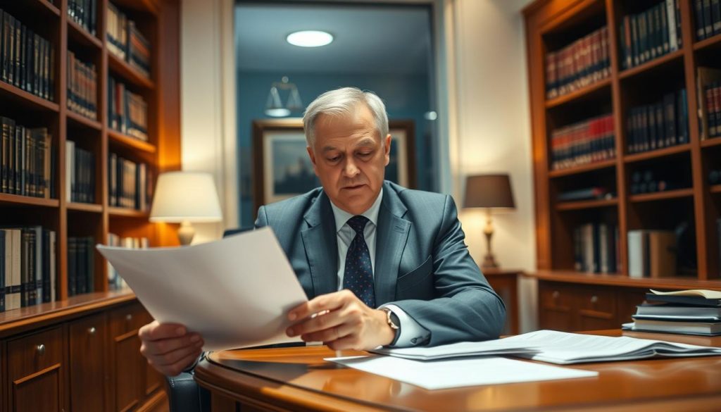 A middle-aged professional solicitor dressed in a crisp suit, seated at a wooden desk, intently reviewing legal documents. The office is well-lit, with warm, indirect lighting casting a soft glow. Bookshelves line the walls, adding a sense of authority and expertise. The solicitor's expression is focused, conveying the importance of their role in providing legal counsel and handling power of attorney matters. The scene exudes an atmosphere of trustworthiness, diligence, and the expertise required to safeguard one's family's assets.