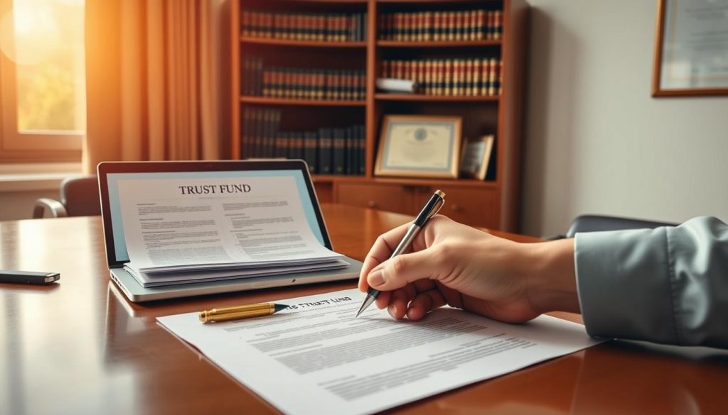 A minimalist office setting, bathed in warm, natural lighting from a large window. On a polished wooden desk, an open laptop displays financial documents, alongside a stack of paperwork and a pen. In the foreground, a hand delicately signs official trust fund creation forms, symbolizing the beginning of a new financial legacy. In the background, a bookshelf filled with legal tomes and a framed certificate hint at the expertise and professionalism involved in the trust fund establishment process. The scene conveys a sense of focus, diligence, and the gravity of the task at hand, with a touch of sophistication and elegance. A minimalist office setting, bathed in warm, natural lighting from a large window. On a polished wooden desk, an open laptop displays financial documents, alongside a stack of paperwork and a pen. In the foreground, a hand delicately signs official trust fund creation forms, symbolizing the beginning of a new financial legacy. In the background, a bookshelf filled with legal tomes and a framed certificate hint at the expertise and professionalism involved in the trust fund establishment process. The scene conveys a sense of focus, diligence, and the gravity of the task at hand, with a touch of sophistication and elegance.