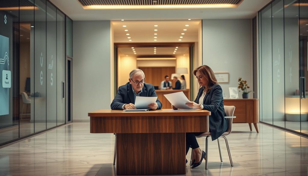 A modern British bank lobby with sleek glass walls and polished marble floors. In the center, a wooden desk where two individuals, a middle-aged man and woman, are seated, reviewing documents and discussing a joint bank account. Soft, warm lighting illuminates the scene, creating a sense of professionalism and trust. Subtle financial icons and symbols adorn the walls, suggesting the secure, regulated nature of the banking environment. The couple's body language conveys a collaborative, confident demeanor as they navigate the process of managing their shared financial assets through the power of attorney. A modern British bank lobby with sleek glass walls and polished marble floors. In the center, a wooden desk where two individuals, a middle-aged man and woman, are seated, reviewing documents and discussing a joint bank account. Soft, warm lighting illuminates the scene, creating a sense of professionalism and trust. Subtle financial icons and symbols adorn the walls, suggesting the secure, regulated nature of the banking environment. The couple's body language conveys a collaborative, confident demeanor as they navigate the process of managing their shared financial assets through the power of attorney.