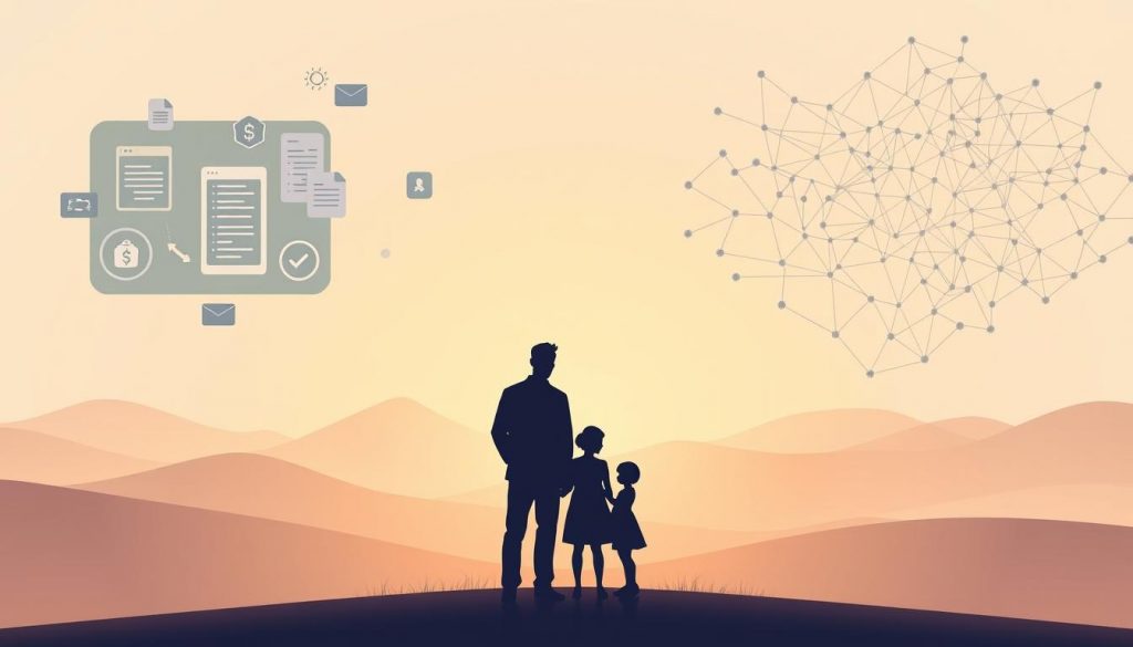 A modern digital illustration depicting the concept of estate planning. In the foreground, a silhouetted figure representing a family stands thoughtfully, surrounded by floating digital icons and interfaces representing financial and legal documents. The middle ground features a serene, minimalist landscape of abstract geometric shapes and soft gradients, conveying a sense of order and security. In the background, a complex network of interconnected nodes and lines suggests the intricate web of digital assets and online accounts that comprise a modern estate. Warm, diffused lighting casts a gentle glow, creating a contemplative, future-focused atmosphere. A modern digital illustration depicting the concept of estate planning. In the foreground, a silhouetted figure representing a family stands thoughtfully, surrounded by floating digital icons and interfaces representing financial and legal documents. The middle ground features a serene, minimalist landscape of abstract geometric shapes and soft gradients, conveying a sense of order and security. In the background, a complex network of interconnected nodes and lines suggests the intricate web of digital assets and online accounts that comprise a modern estate. Warm, diffused lighting casts a gentle glow, creating a contemplative, future-focused atmosphere.