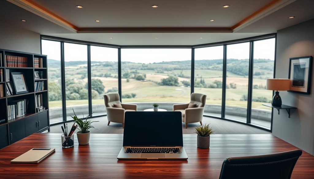 A modern, elegant office interior with large windows overlooking a sprawling estate. In the foreground, a wooden desk with sleek, minimalist design elements - a laptop, a pen holder, and a potted plant. Behind the desk, a bookshelf filled with legal volumes and a framed certificate on the wall. The middle ground features a comfortable seating area with plush armchairs and a low coffee table, suggesting a space for client consultations. The background showcases the lush, rolling grounds of the estate through the expansive windows, evoking a sense of privacy, security, and professionalism. Soft, warm lighting illuminates the scene, creating a calming and authoritative atmosphere. A modern, elegant office interior with large windows overlooking a sprawling estate. In the foreground, a wooden desk with sleek, minimalist design elements - a laptop, a pen holder, and a potted plant. Behind the desk, a bookshelf filled with legal volumes and a framed certificate on the wall. The middle ground features a comfortable seating area with plush armchairs and a low coffee table, suggesting a space for client consultations. The background showcases the lush, rolling grounds of the estate through the expansive windows, evoking a sense of privacy, security, and professionalism. Soft, warm lighting illuminates the scene, creating a calming and authoritative atmosphere.