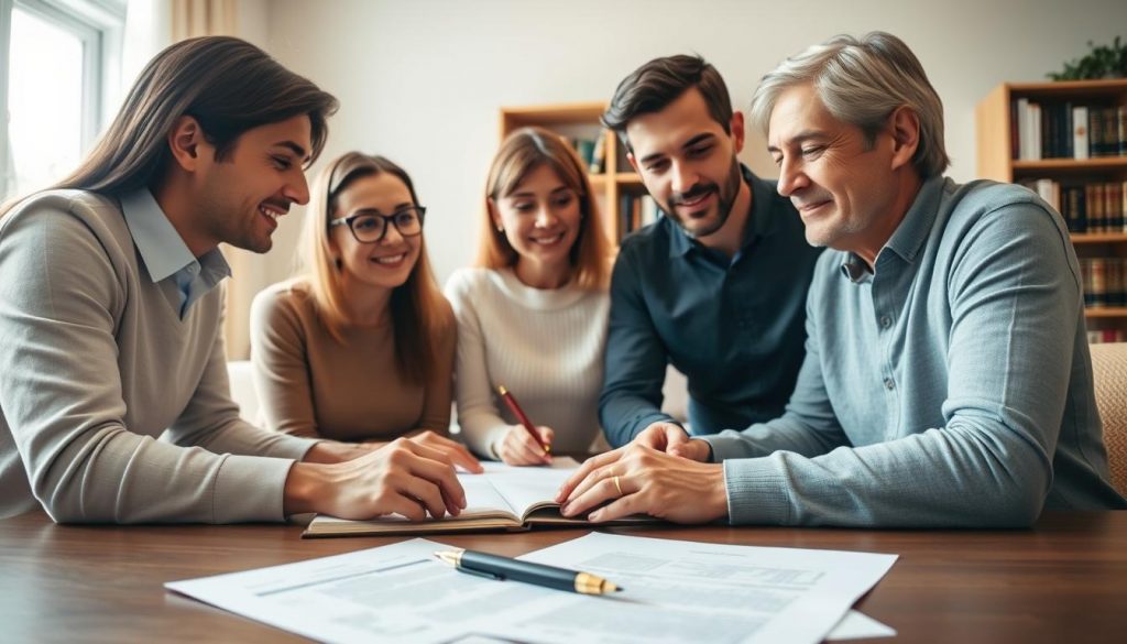 A modern family gathered around a table, discussing the benefits of estate planning. Soft, natural lighting illuminates their faces, conveying a sense of warmth and security. In the foreground, legal documents and a pen are neatly arranged, symbolizing the process of securing their financial future. The middle ground features a bookshelf with titles related to wills, trusts, and inheritance laws, indicating the importance of research and understanding. The background showcases a cozy, inviting living room, suggesting the comfort and peace of mind that comes with proper estate planning. The overall scene radiates a sense of reassurance and responsibility, encouraging viewers to consider the significance of protecting their loved ones' wellbeing.