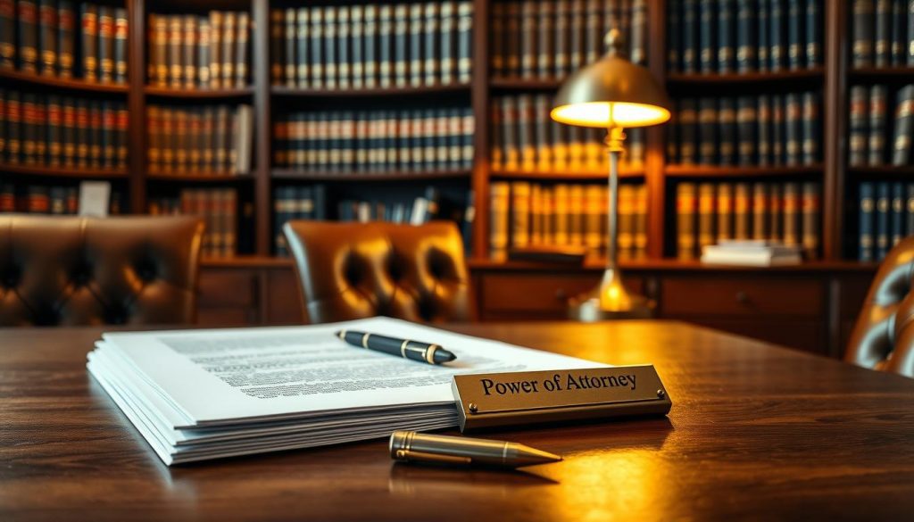 A modern law office interior with a cozy, professional atmosphere. On the desk, a stack of documents representing a power of attorney, along with a pen and a brass nameplate. The background features bookshelves filled with legal tomes, casting a warm glow from the desk lamp. The overall scene conveys the gravity and importance of the legal matters being handled, while maintaining a sense of order and expertise. Soft, directional lighting accentuates the textures of the wood and leather furnishings, creating a welcoming and authoritative ambiance.