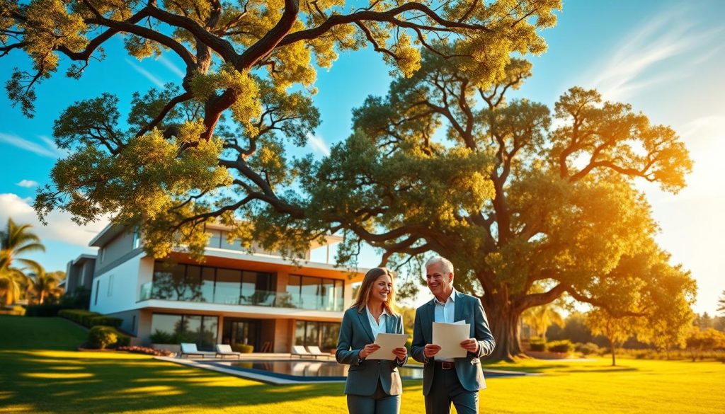 A modern, luxurious home nestled in a lush, verdant landscape, its sleek silhouette reflected in a shimmering pool. In the foreground, a well-dressed couple stands before a towering oak tree, discussing paperwork and smiling contentedly - the embodiment of the security and peace of mind that comes with buying a home through a trust. Warm, golden light filters through the branches, casting a gentle glow over the scene, while wispy clouds drift across a brilliant blue sky. The overall atmosphere conveys a sense of prosperity, stability, and the careful planning that goes into safeguarding one's assets through a trust-based real estate transaction. A modern, luxurious home nestled in a lush, verdant landscape, its sleek silhouette reflected in a shimmering pool. In the foreground, a well-dressed couple stands before a towering oak tree, discussing paperwork and smiling contentedly - the embodiment of the security and peace of mind that comes with buying a home through a trust. Warm, golden light filters through the branches, casting a gentle glow over the scene, while wispy clouds drift across a brilliant blue sky. The overall atmosphere conveys a sense of prosperity, stability, and the careful planning that goes into safeguarding one's assets through a trust-based real estate transaction.