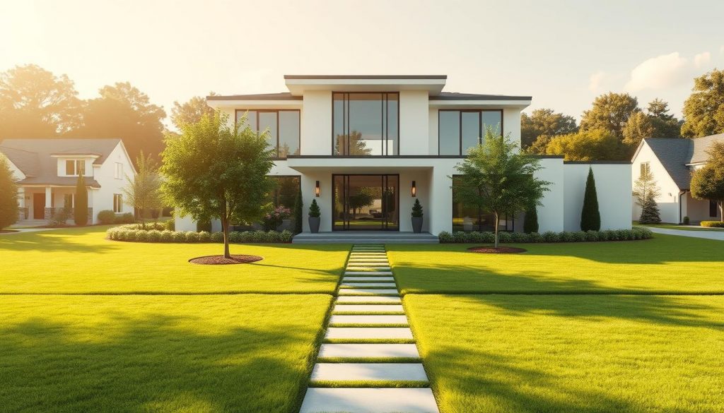 A modern, minimalist architectural rendering depicting a large, luxurious family home with a contemporary design. The focal point is a well-manicured front yard featuring a neatly trimmed lawn, a walkway leading to the entrance, and strategically placed trees and shrubs. Sunlight streams through the home's expansive windows, casting a warm, inviting glow. In the background, a serene suburban neighborhood with similar high-end properties can be seen. The image conveys a sense of security, wealth, and careful estate planning, alluding to the strategies needed to protect one's family legacy. A modern, minimalist architectural rendering depicting a large, luxurious family home with a contemporary design. The focal point is a well-manicured front yard featuring a neatly trimmed lawn, a walkway leading to the entrance, and strategically placed trees and shrubs. Sunlight streams through the home's expansive windows, casting a warm, inviting glow. In the background, a serene suburban neighborhood with similar high-end properties can be seen. The image conveys a sense of security, wealth, and careful estate planning, alluding to the strategies needed to protect one's family legacy.