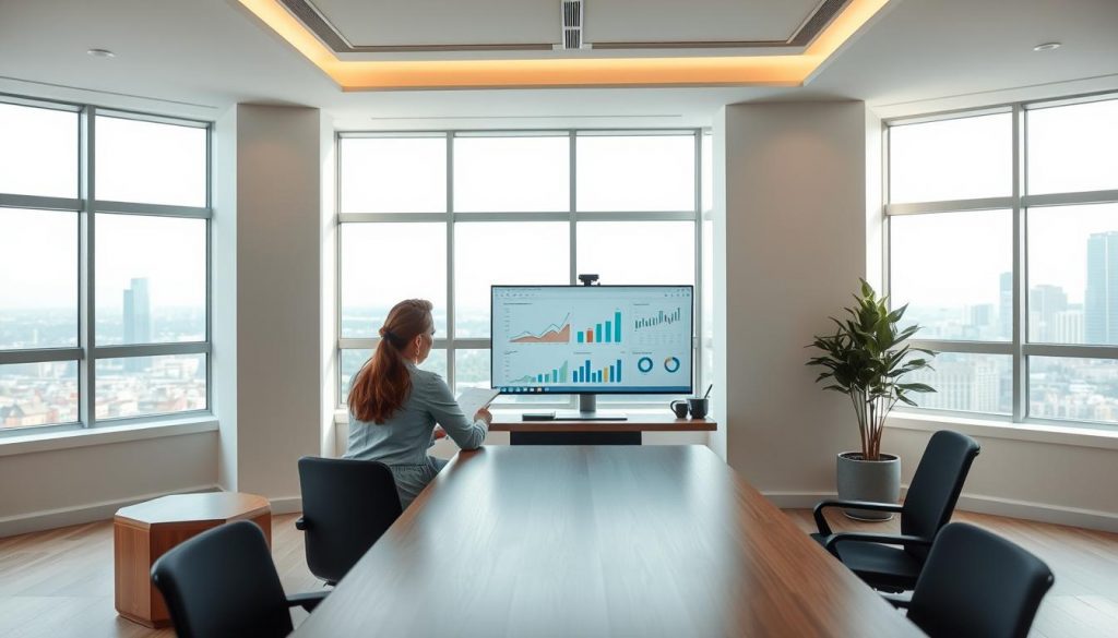 A modern, minimalist financial planning office with a calm, professional atmosphere. In the foreground, an unmarried couple sit across a sleek wooden desk, discussing documents and charts displayed on a large monitor. Soft, indirect lighting from overhead casts a warm glow, and large windows in the background offer a serene view of a cityscape. The couple's body language conveys a sense of collaboration and mutual understanding as they plan their financial future together. The composition emphasizes the importance of professional guidance and thoughtful preparation for unmarried couples navigating complex financial matters.