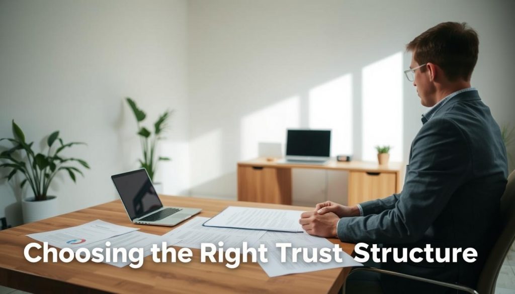 A modern, minimalist home office scene with a large wooden desk, a potted plant, and a laptop. In the foreground, a person in a business casual outfit sits contemplatively, studying various documents and trust agreements laid out on the desk. The lighting is soft and diffused, creating a thoughtful, focused atmosphere. The walls are a neutral, calming color, and the overall composition is balanced and uncluttered, emphasizing the decision-making process of "Choosing the Right Trust Structure".