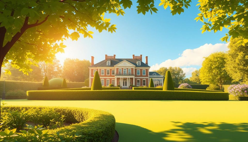 A modern, minimalist illustration showcasing the concept of inheritance tax exemption. A serene, sun-dappled scene with a well-manicured garden in the foreground, lush with vibrant greenery and a carefully trimmed hedge. In the middle ground, a stately manor house, its elegant facade bathed in warm, golden light. In the background, a cloudless azure sky, suggesting a sense of tranquility and financial security. The composition is balanced and symmetrical, conveying a sense of stability and generational wealth. The lighting is soft and diffuse, creating a calming, inviting atmosphere. The overall mood is one of peaceful prosperity and financial prudence.