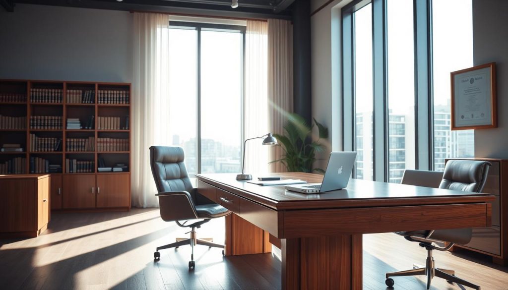 A modern, minimalist office interior with a large, mahogany desk and a comfortable leather chair. On the desk, a stack of legal documents and a sleek laptop. Sunlight streams in through large, floor-to-ceiling windows, casting a warm, natural glow over the scene. In the background, a bookshelf filled with law volumes and a framed diploma on the wall, suggesting an atmosphere of trust, expertise, and inheritance planning. The overall mood is one of professionalism, confidence, and attention to detail.