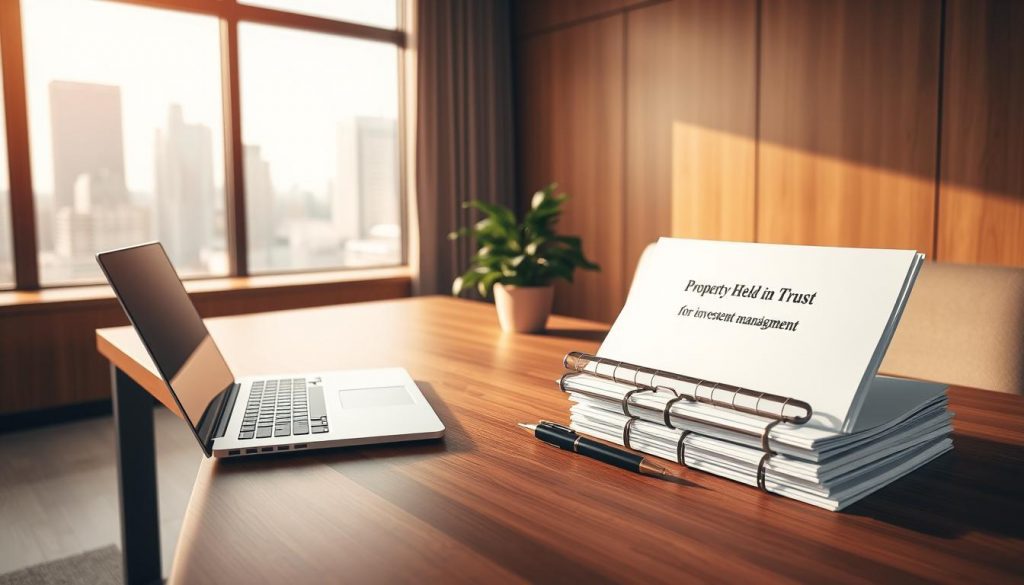 A modern, minimalist office interior with a large wooden desk, a sleek laptop, and a potted plant. The desk is situated in front of a window overlooking a cityscape, bathed in warm, diffused light. On the desk, a stack of legal documents and a pen symbolize the secure management of property held in trust for investment purposes. The overall atmosphere conveys a sense of professionalism, organization, and financial stability.