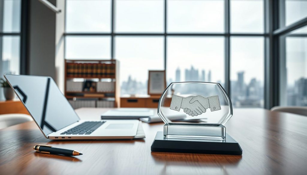 A modern, minimalist office interior with abundant natural light streaming through large windows. In the foreground, a wooden desk with a laptop, pen, and papers arranged neatly. On the desk, a glass paperweight with the silhouette of a handshake, symbolizing the trust registration process. The middle ground features a bookshelf with legal volumes and a framed certificate on the wall. The background showcases a city skyline, hinting at the legal and financial context. The lighting is soft and diffused, creating a sense of professionalism and authority. The overall atmosphere is one of organization, diligence, and the trustworthy establishment of a new legal entity.