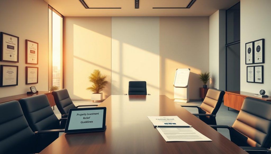 A modern, minimalist office setting with a large desk and sleek furniture. On the desk, a tablet and documents with "Property Investment Relief Guidelines" displayed prominently. The room is bathed in warm, natural lighting that filters in through floor-to-ceiling windows, creating a sense of professionalism and authority. The walls are decorated with framed legal certificates and accreditations, emphasizing the legal framework and expertise. The overall atmosphere conveys a sense of authority, credibility, and attention to detail, reflecting the "Legal Framework of Hold Over Relief" subject matter.