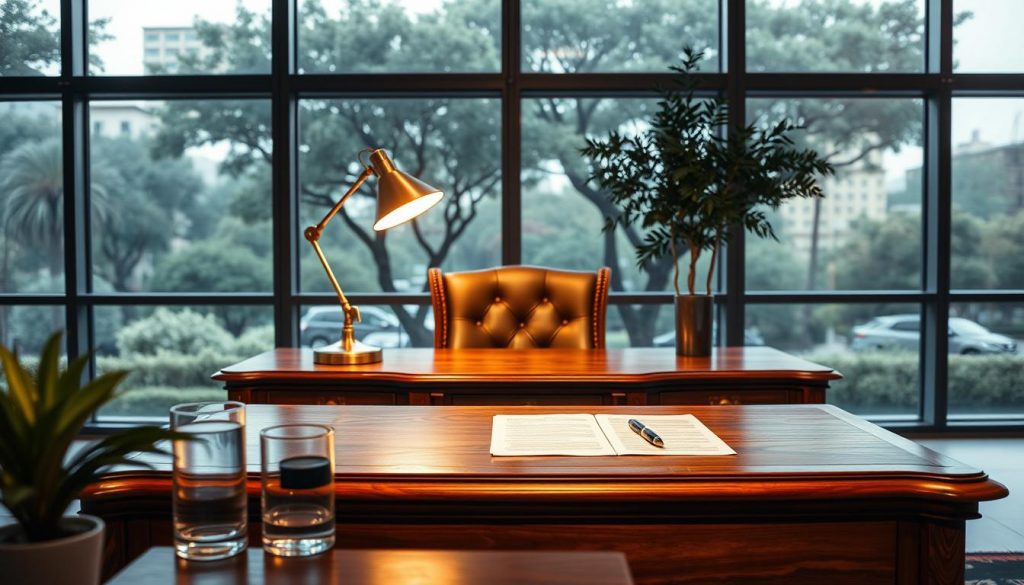 A modern, minimalist office setting with a large, ornate wooden desk as the centerpiece. On the desk, a brass desk lamp casts a warm, focused light, illuminating a stack of legal documents and a pen. In the foreground, a glass of water and a potted plant add a touch of nature. The background features floor-to-ceiling windows, allowing natural light to filter in and providing a view of a serene, tree-lined urban landscape. The overall atmosphere conveys a sense of professionalism, diligence, and the careful management of important financial matters.